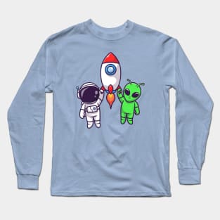 Cute Astronaut And Alien Flying With Rocket In Space Cartoon Long Sleeve T-Shirt